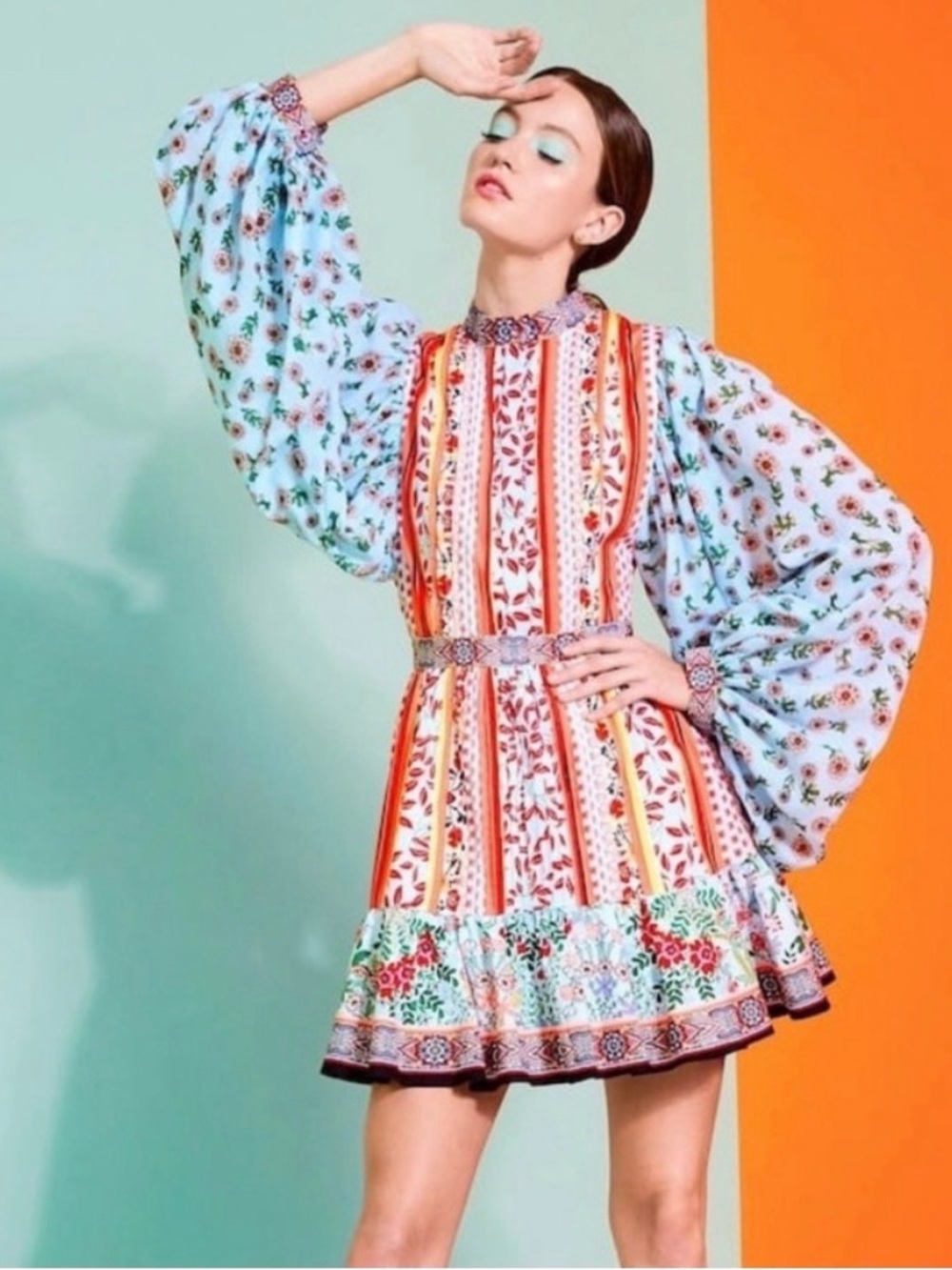 Alice + Olivia Multicolor Floral-Print Mini Dress with Balloon Sleeves